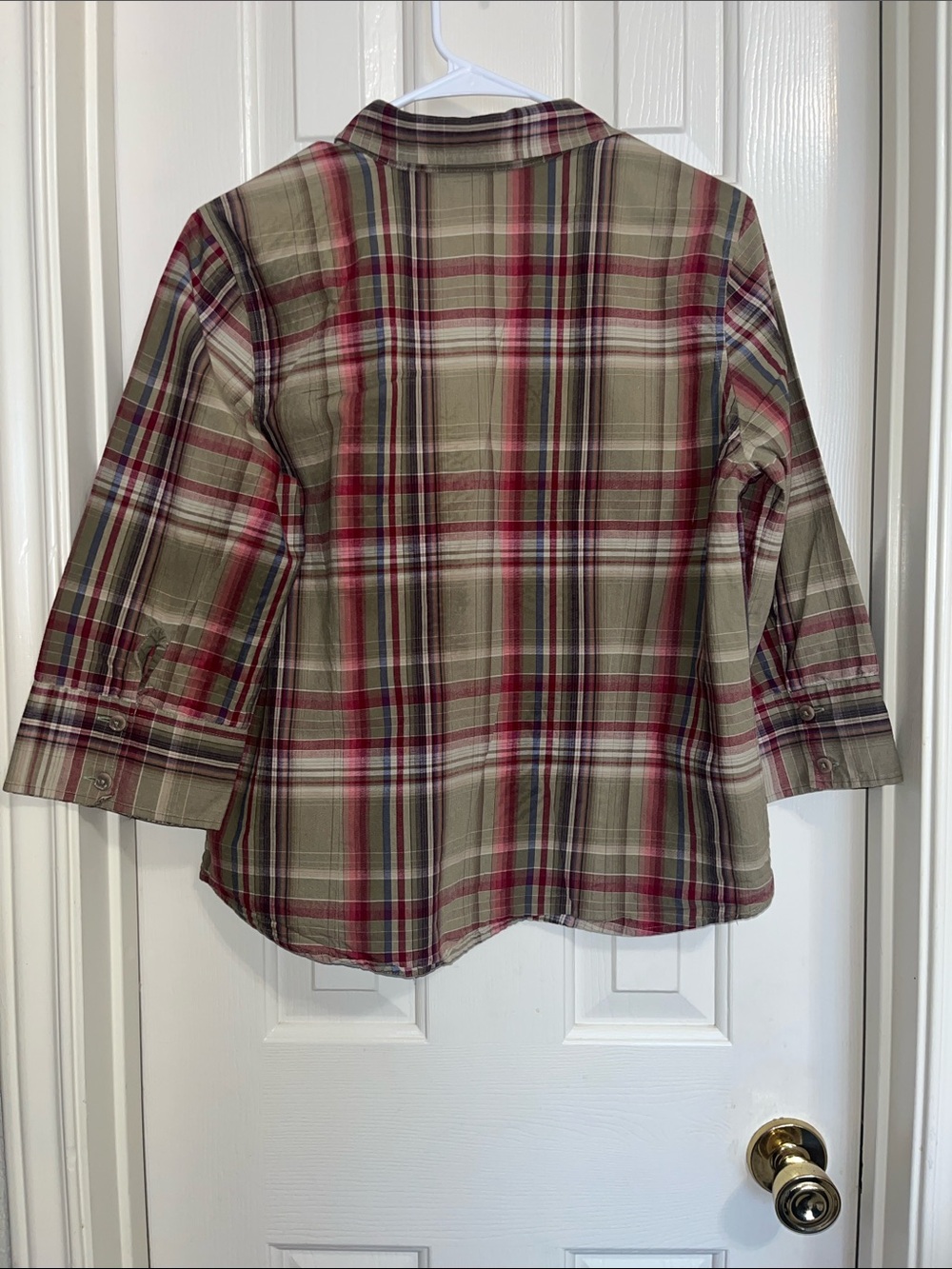 Christopher & Banks Plaid Cotton Blouse L Floral Trim 3/4 Sleeve Boxy - Picture 7 of 9